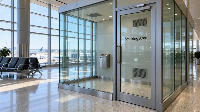 enclosed airport smoking room separated from the surrounding terminal concourse.
