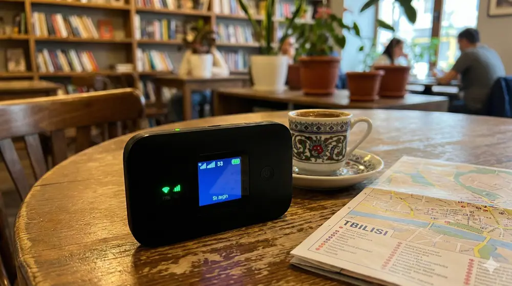 A portable Pocket Wi-Fi router on a cafe table, illustrating an alternative internet option for groups in Georgia.