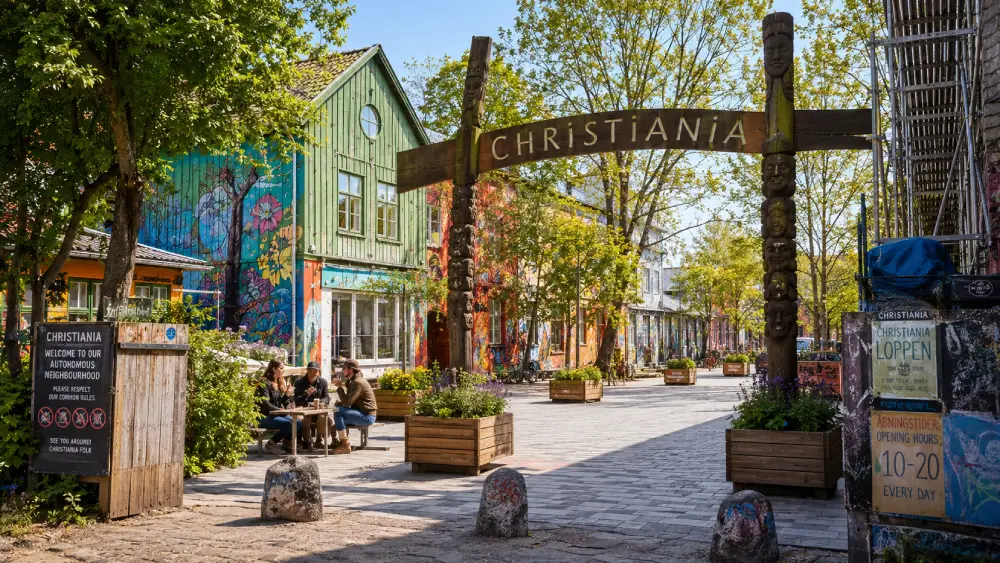 A clean, vibrant photograph of the main entrance area of Freetown Christiania in Copenhagen, empty of drug stalls.