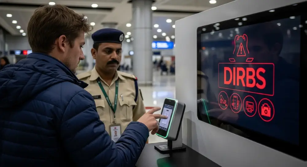 巴基斯坦一名严格的海关官员使用生物识别设备为游客的手机注册以符合DIRBS规定。