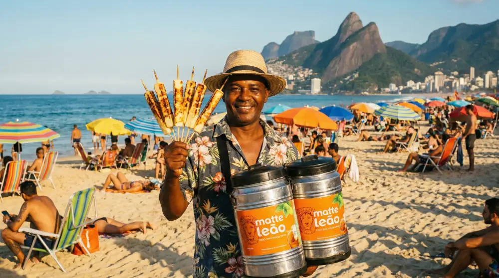 Beach vendor selling grilled cheese and iced tea on Ipanema Beach with Two Brothers mountain view.