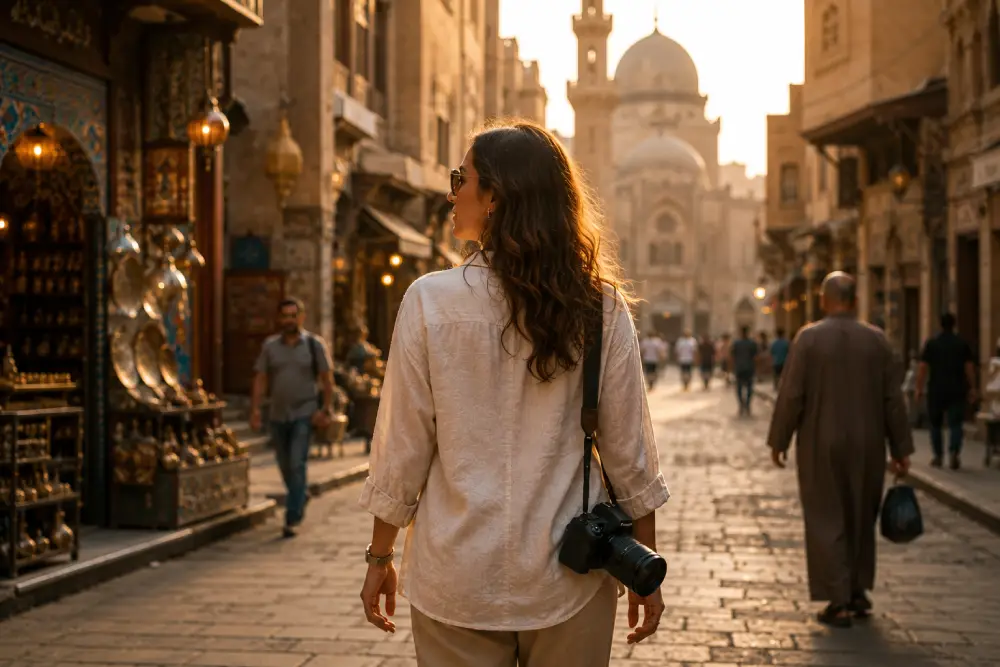 A solo female tourist, modestly dressed, confidently walks through the historic streets of Islamic Cairo.