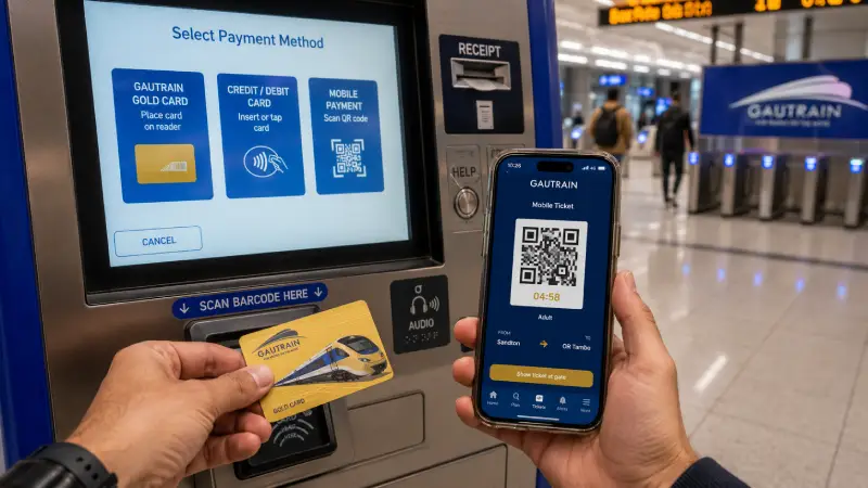 A close-up of a traveler holding a physical Gautrain Gold Card and a smartphone with the Gautrain app at a ticket kiosk in South Africa.
