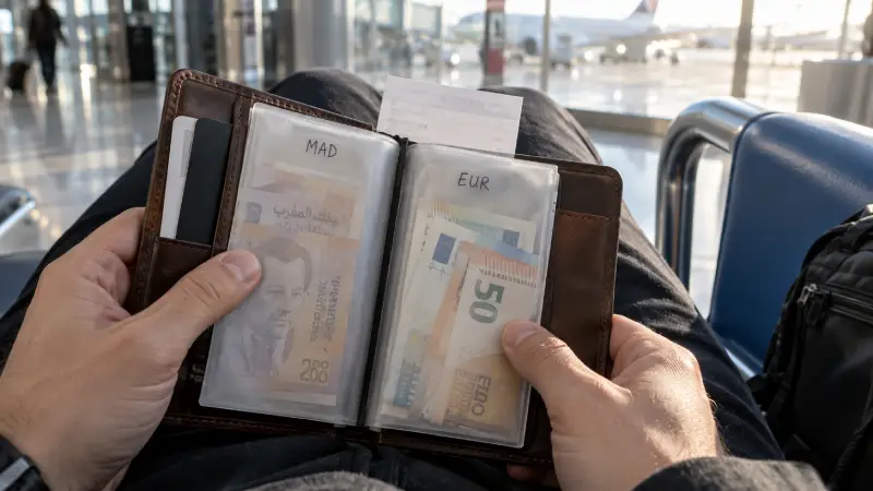 Travel wallet holding separate sleeves labelled MAD and EUR, with banknotes and a receipt.