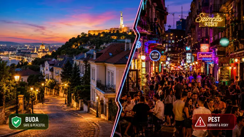 A split-panel photograph contrasting the quiet, safe streets of Buda with the bustling, risky nightlife areas of Pest in Budapest.