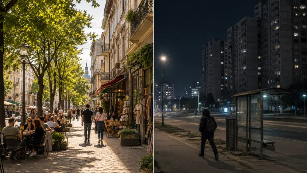A split-screen photo comparing two areas of Belgrade. On the left, a sunny and bustling daytime street scene in the Dorćol district. On the right, a darker, quieter view of high-rise residential blocks in New Belgrade at night.