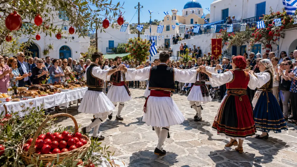 A vibrant local festival celebration in a lively village square in Greece, featuring dancers in traditional costumes, Greek flags, and festive food.