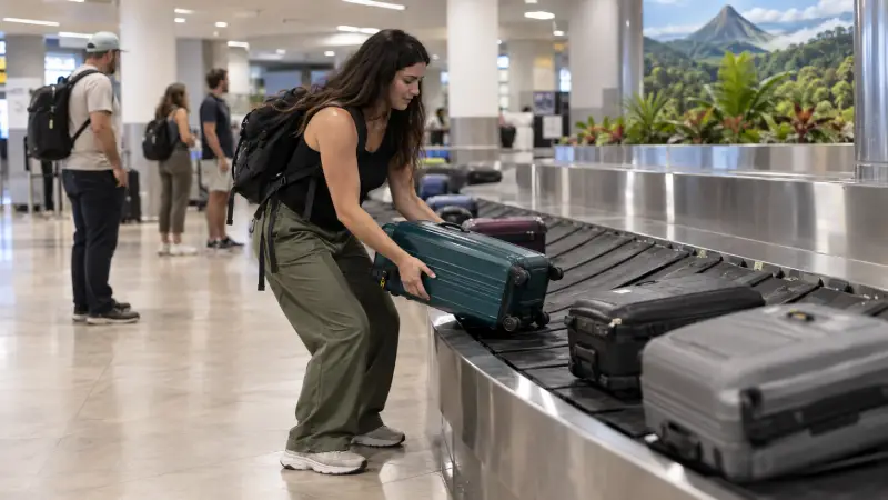 Viajante retirando uma mala da esteira de bagagens do aeroporto antes de uma conexão.