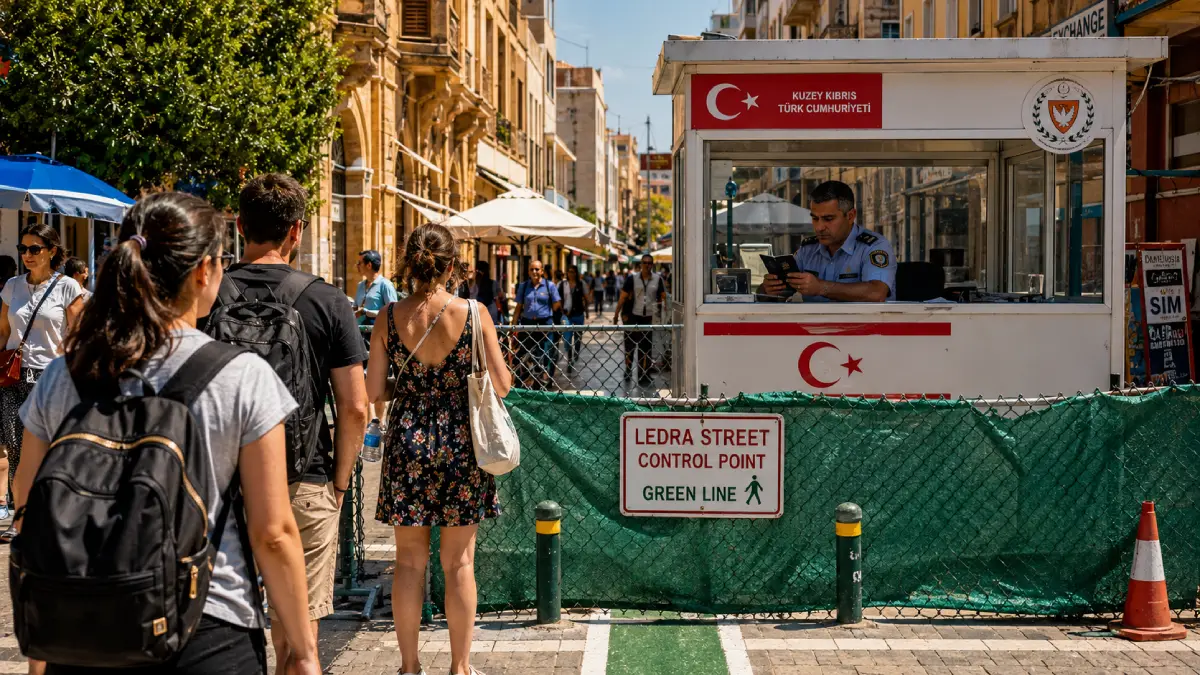 Ett foto av Ledra Street fotgängarkontroll i Nicosia, som visar en turkcypriotisk gränstjänsteman som kontrollerar ett pass i en bås, med den fysiska "Gröna Linjen" barriären synlig.