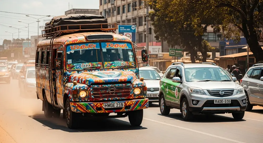 一辆装饰鲜艳的Matatu小巴在肯尼亚内罗毕的繁忙混乱交通中穿行。