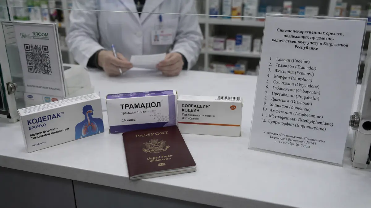 A close-up photograph of drug boxes containing codeine and tramadol, along with a list of locally banned substances written in Cyrillic script, on a pharmacy counter in Kyrgyzstan, underscores the need for legal oversight.