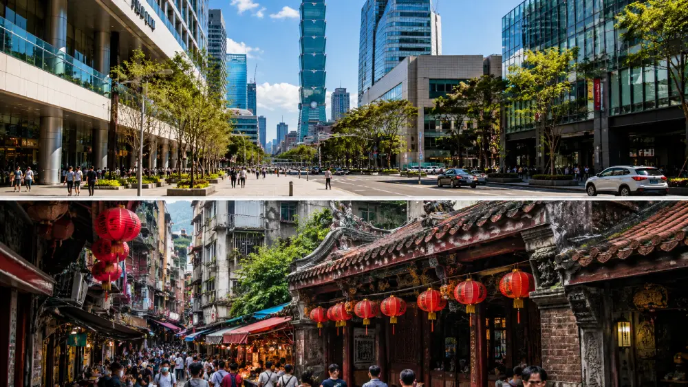 一幅现实的分屏视觉,比较台北超现代明亮的信义区与其历史悠久、繁忙的万华街道。