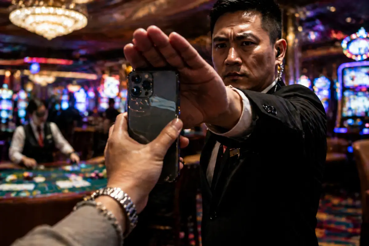 Casino security guard stopping a tourist from taking photos on the gaming floor in Macau.