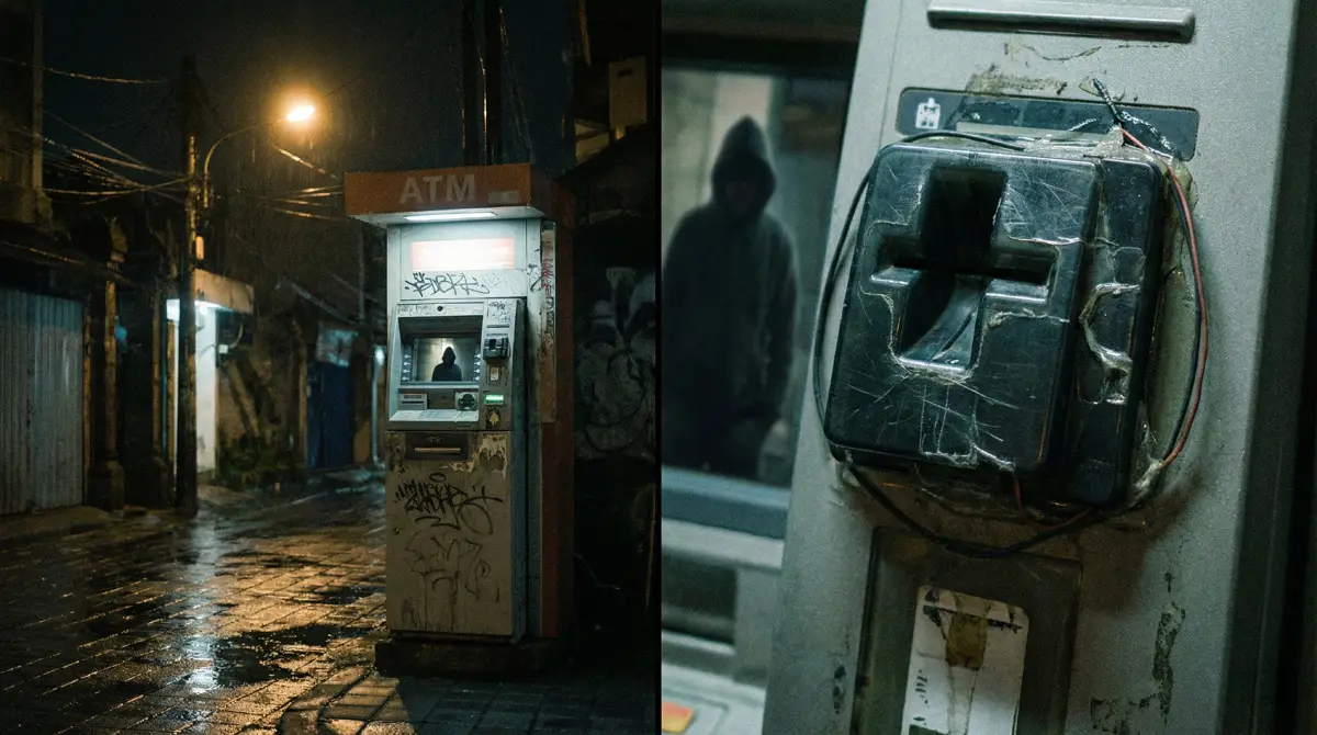 A suspicious, dimly lit standalone ATM machine on a street in Bali at night, highlighting skimming risks.
