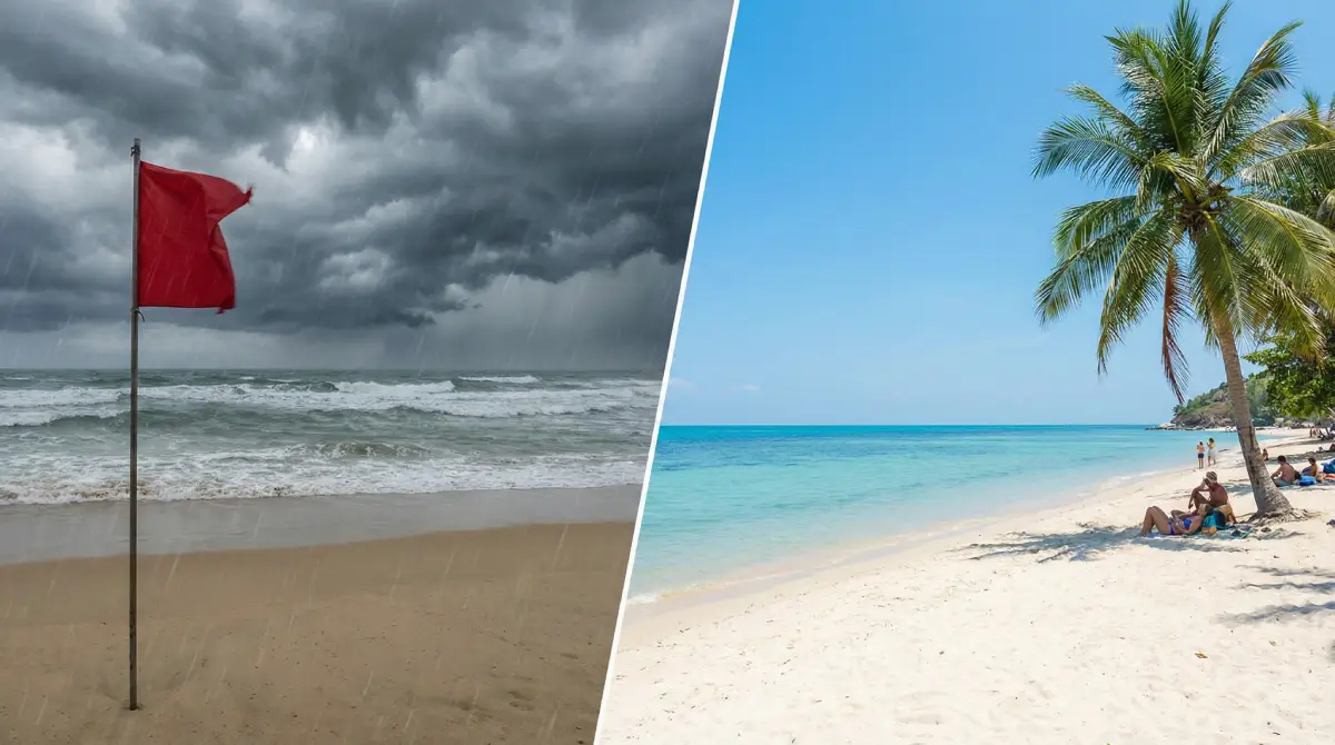 Split-screen comparison showing stormy weather in Phuket versus sunny weather in Koh Samui during the same month.
