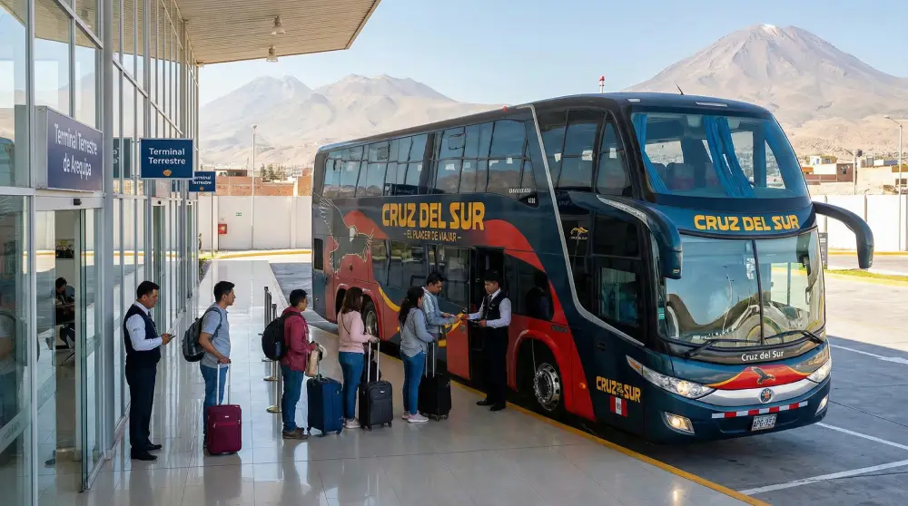 Viajantes embarcando em um ônibus moderno e seguro de longa distância em um terminal no Peru, ilustrando o transporte intermunicipal seguro.
