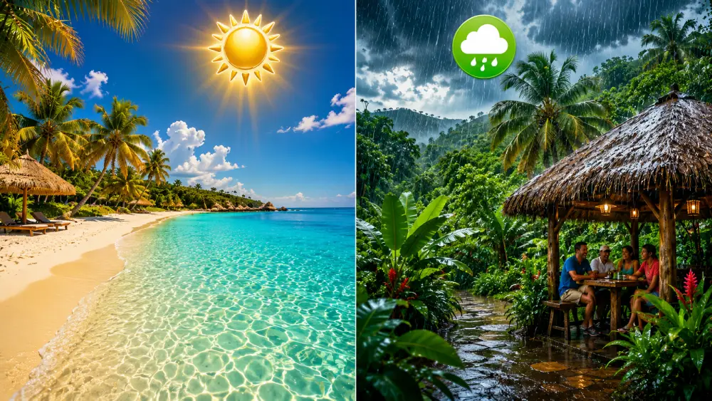 Een split-screen illustratie die een gouden, zonovergoten strand tijdens het droge seizoen contrasteert met een weelderige, groene tropische jungle tijdens een korte, intense middagregenbui in Mexico.