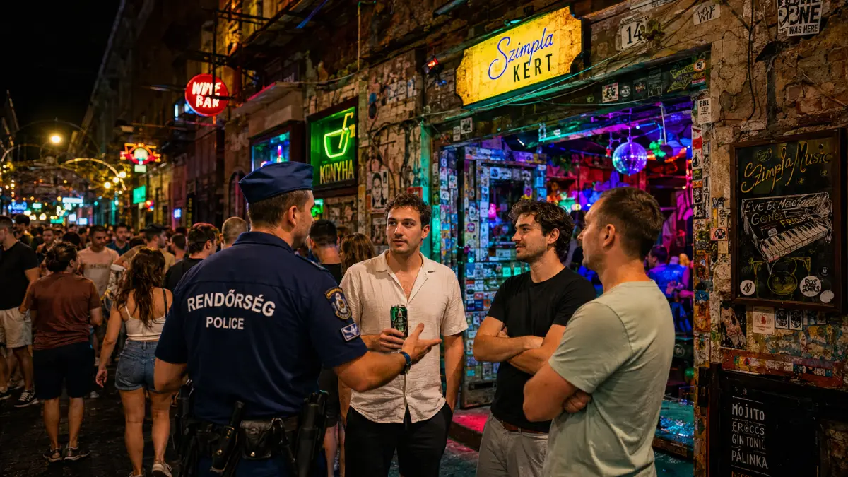 Scena nocna w dzielnicy imprezowej Budapesztu, gdzie policjant zwraca uwagę turystom trzymającym otwarty pojemnik z alkoholem na ulicy przed ruin barem.