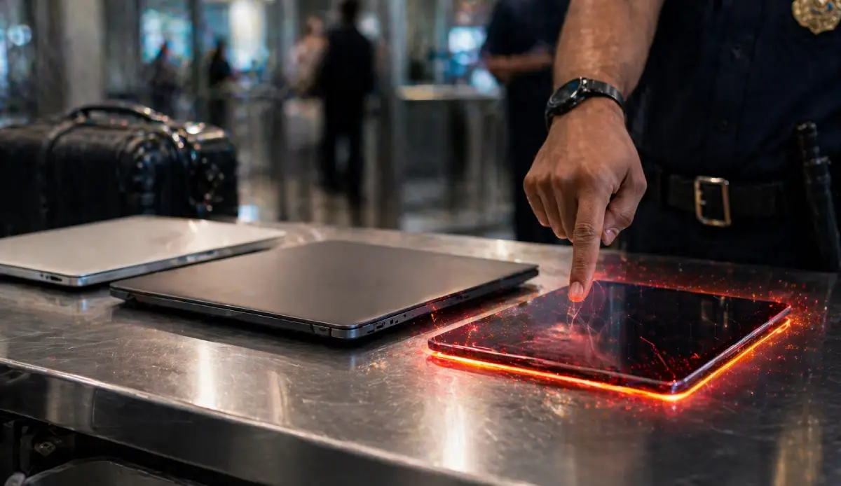 Trois appareils numériques sur une table des douanes de l'aéroport avec le troisième appareil brillant en rouge pour signifier une limite de pénalité fiscale.