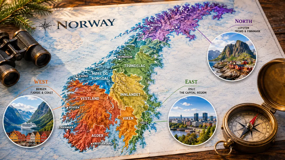 Une carte stylisée de la Norvège montrant des régions distinctes (Est, Nord, Ouest) avec des photos circulaires d'Oslo, des Lofoten et d'un fjord avec Bergen.