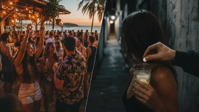 A split-image contrasting a vibrant night scene with a close-up of a hand discreetly adding something to a drink in a dark alley, visually cautioning against common scams.