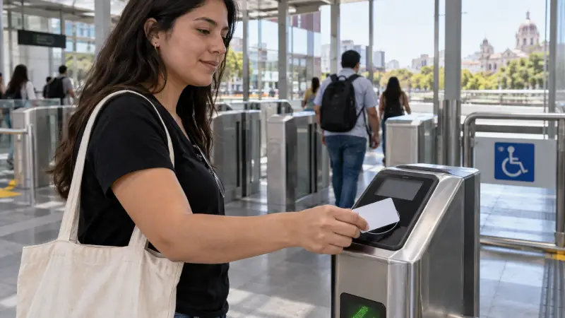 A passenger taps a transit card on a reader at a Mexican urban rail station entrance.