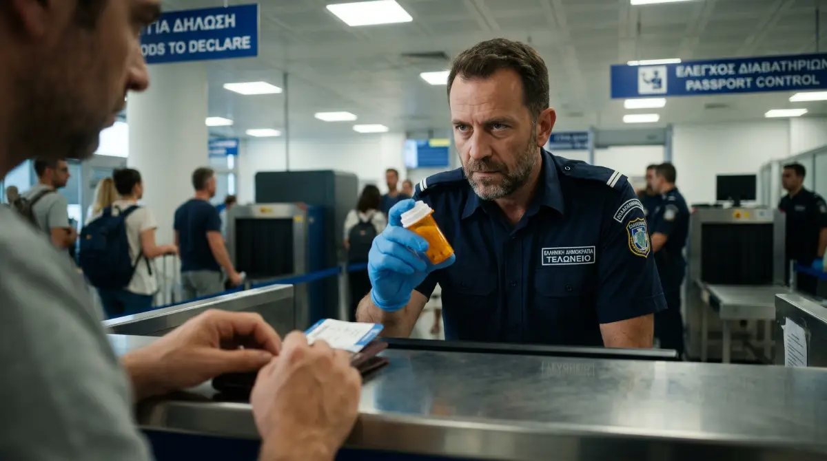 Ofițer vamal grec inspectând medicamentele pe bază de rețetă la un punct de control al aeroportului.