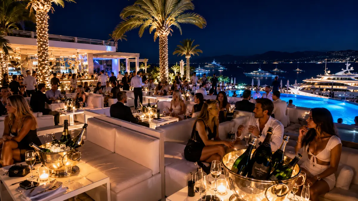 An ultra-exclusive outdoor luxury VIP nightclub lounge on the French Riviera with glowing champagne buckets, white booths, and lit palm trees at night.