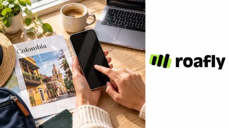 Editorial composite of pre-trip phone preparation for Colombia with the official Roafly logo.