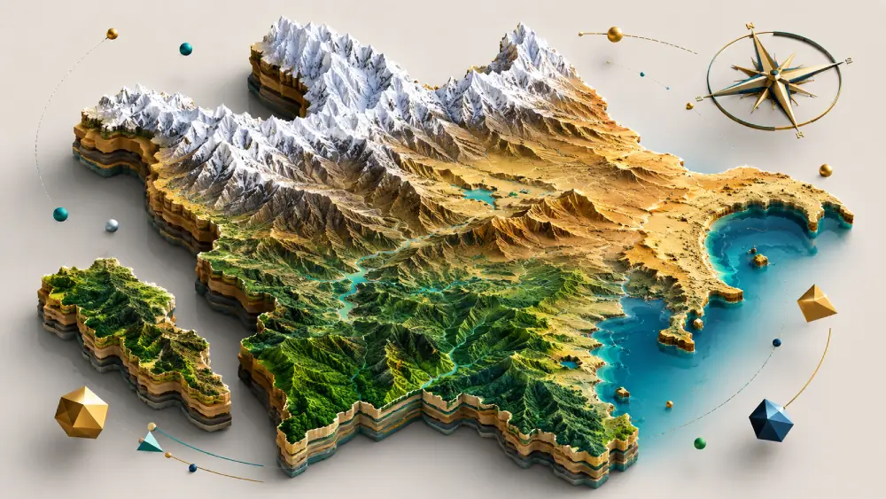 A 3D topographic layered map highlighting Azerbaijan's microclimates and regional differences (coastline, green south, and snowy mountains) with colors.