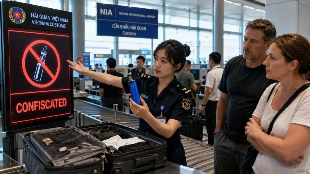 An airport customs officer confiscating an e-cigarette from a tourist's suitcase in Hanoi airport.