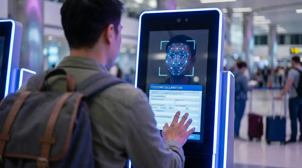 Viajero utilizando un quiosco de Control de Pasaportes Automatizado (APC) con tecnología de reconocimiento facial en un aeropuerto de EE. UU.