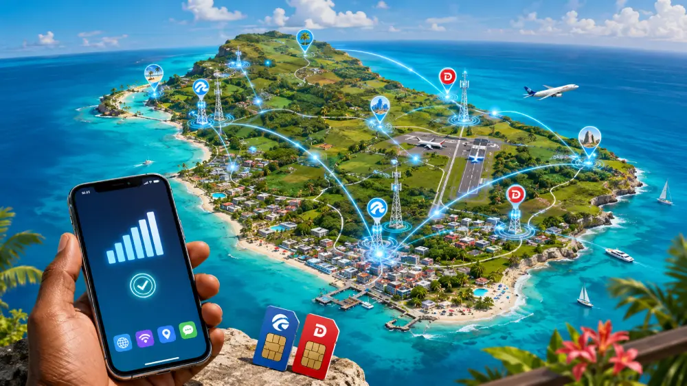 Barbados mobile coverage map concept with signal waves, smartphone, beaches, resorts, and network tower icons.