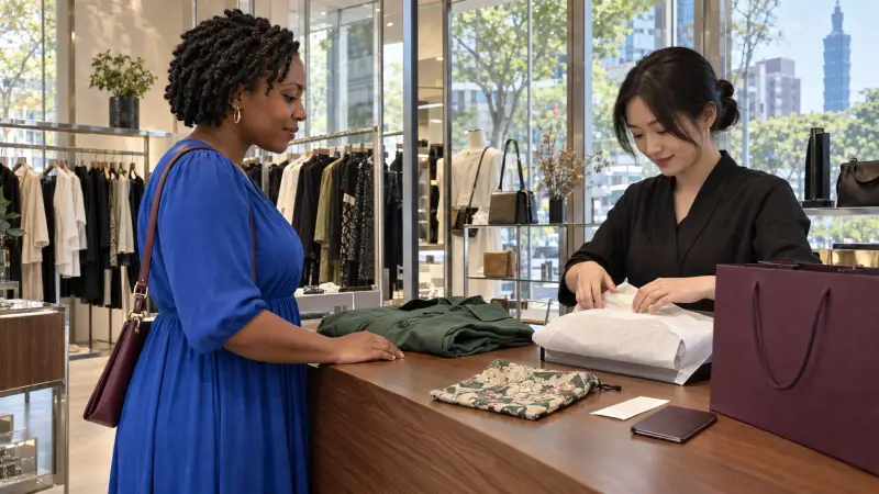 Seorang pembeli berbicara dengan asisten toko saat sebuah jaket dibungkus di meja butik di Taipei.