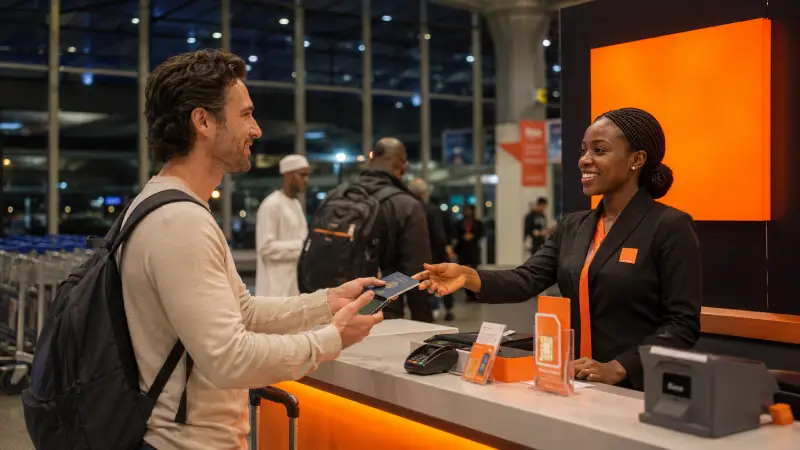 Traveler buying an Orange SIM card after arriving at Blaise Diagne International Airport in Senegal.