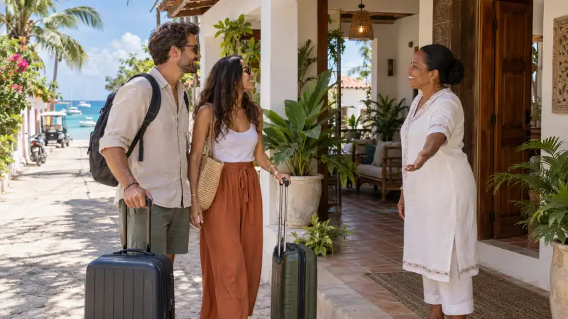 Travelers with compact luggage being welcomed at a small guesthouse in Bayah&iacute;be village.