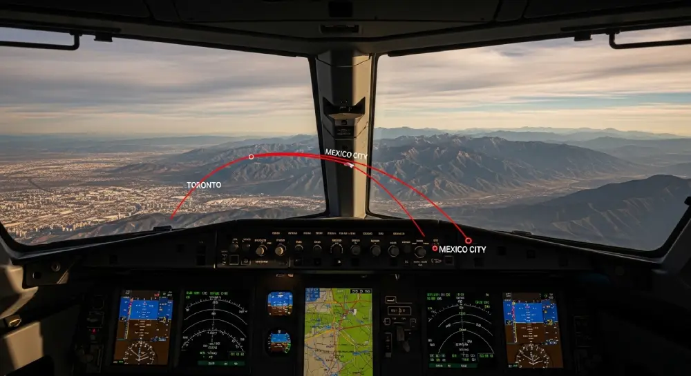 A dramatic aerial photo of an airplane flying over massive mountains, illustrating the vast distances between World Cup 2026 host cities.