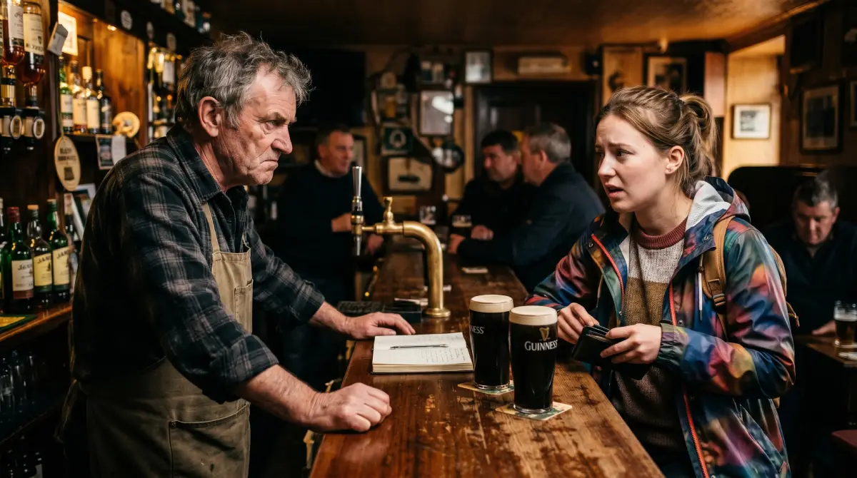 Un momento teso in un pub irlandese dove un turista ha offeso il barista locale.