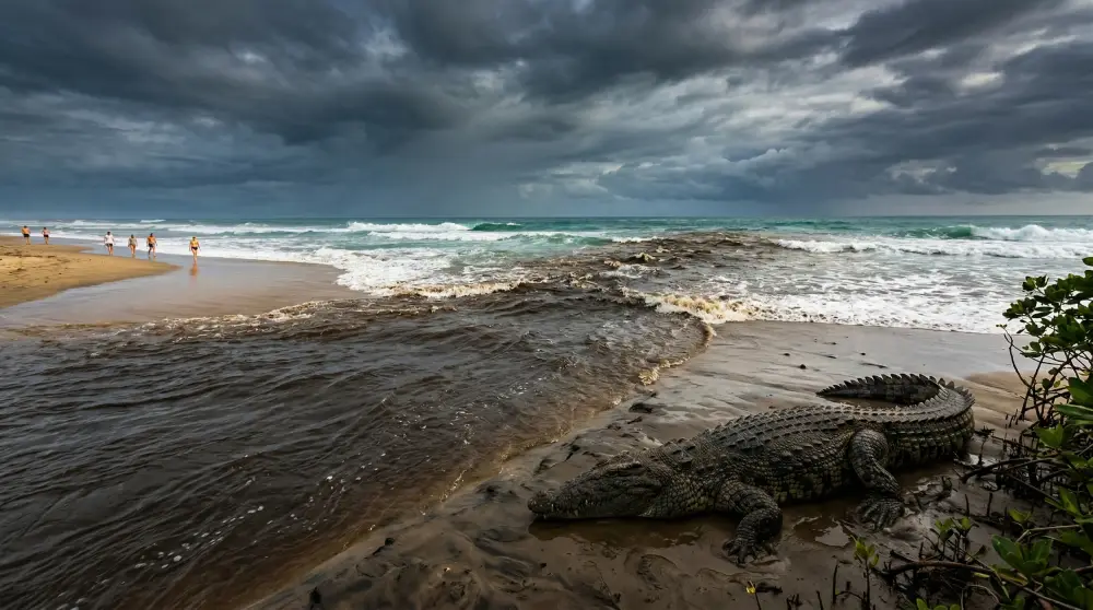 A dramatic photo showing a wild Costa Rican beach with a massive crocodile at a river mouth, highlighting wildlife and rip current dangers.