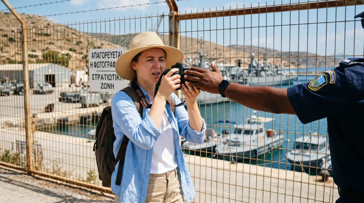 Un agent de securitate oprind un turist să facă fotografii lângă o bază navală grecească restricționată.