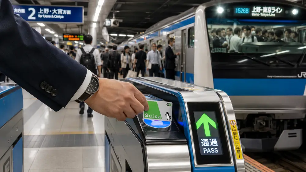 Um viajante passando um cartão IC Suica em um catraca de estação de trem limpa e moderna no Japão, com um trem de passageiros elegante ao fundo.