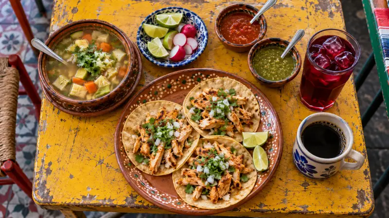 Chicken tacos, vegetable soup, salsa and agua de jamaica arranged on a Mexican market dining table.