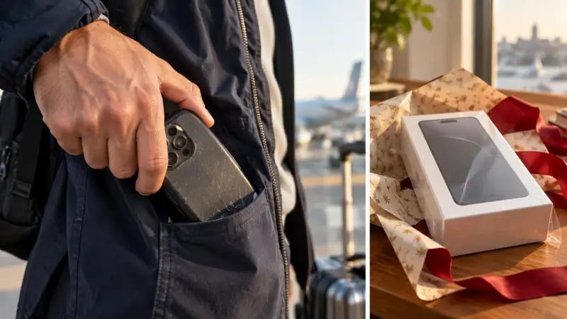 ポケットにしまわれる個人用携帯電話と、ラッピング用品のそばに置かれた未開封の携帯電話箱を並べた編集用の二分割写真。