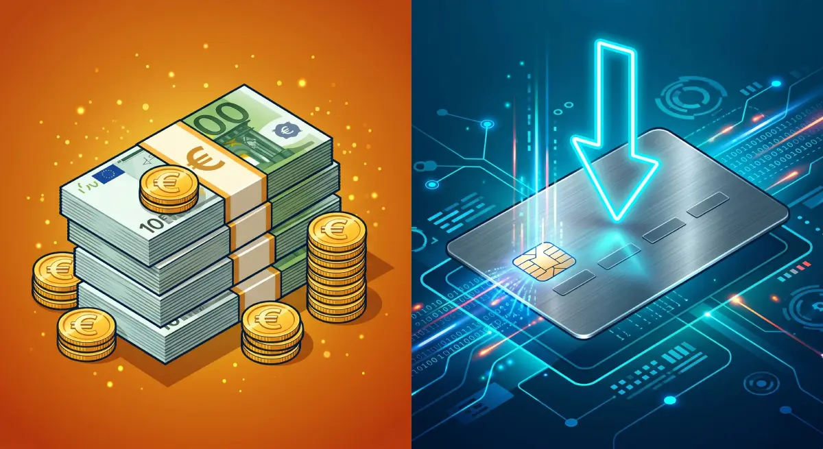 An infographic illustration comparing a stack of Euro cash alongside a modern credit card receiving a digital transfer.