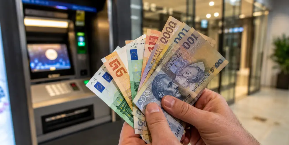 Nahaufnahme von Händen, die albanische Lek und Euro-Banknoten halten, mit einem unscharfen, sicheren Bankautomaten im Hintergrund.