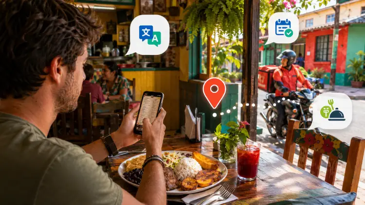 Traveler using translation and food delivery apps at a local restaurant in Costa Rica.