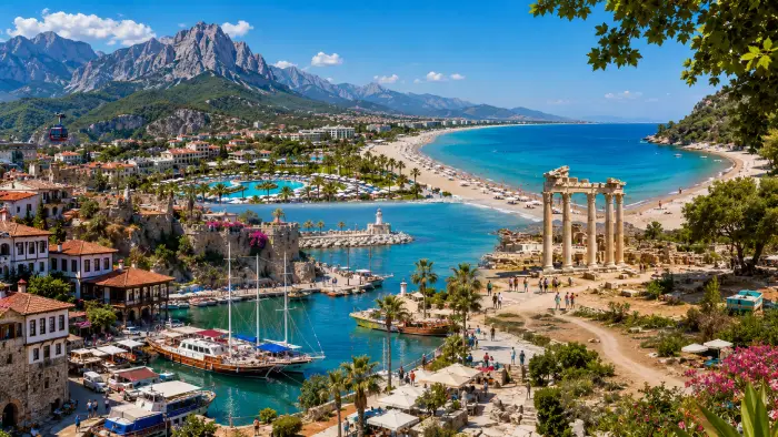 Antalya coast with Kaleiçi, Lara resorts, Side’s ancient ruins, turquoise beaches, and the Taurus Mountains.