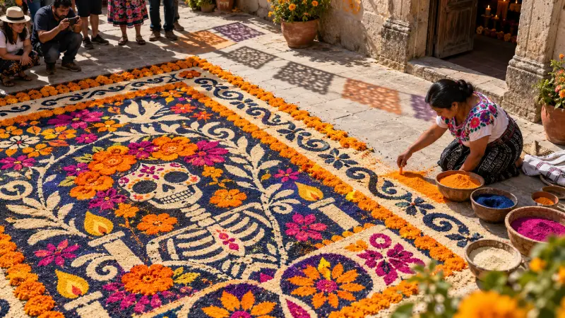 Artisan adding coloured sand to an original Día de Muertos tapestry in an Oaxaca courtyard.