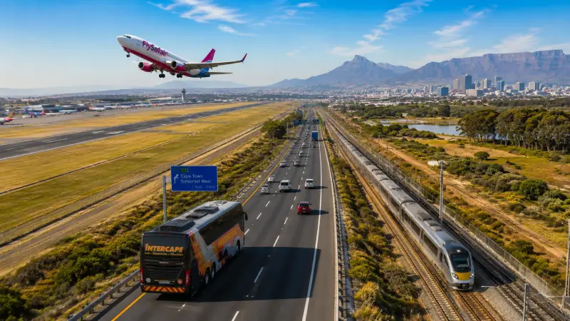 An aerial view of a FlySafair plane taking off and a luxury bus on the highway, illustrating inter-city travel options in South Africa.