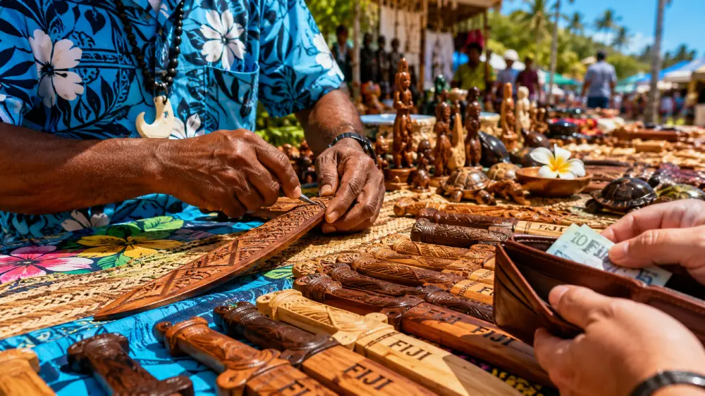 Close-up of a vendor carving a wooden sword at a colorful market stall while a tourist's hands hold an open wallet.